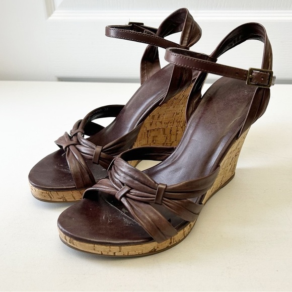 Aldo Brown Leather Wedge Sandals Cork Heel Ankle Strap Size 38 - Picture 5 of 16